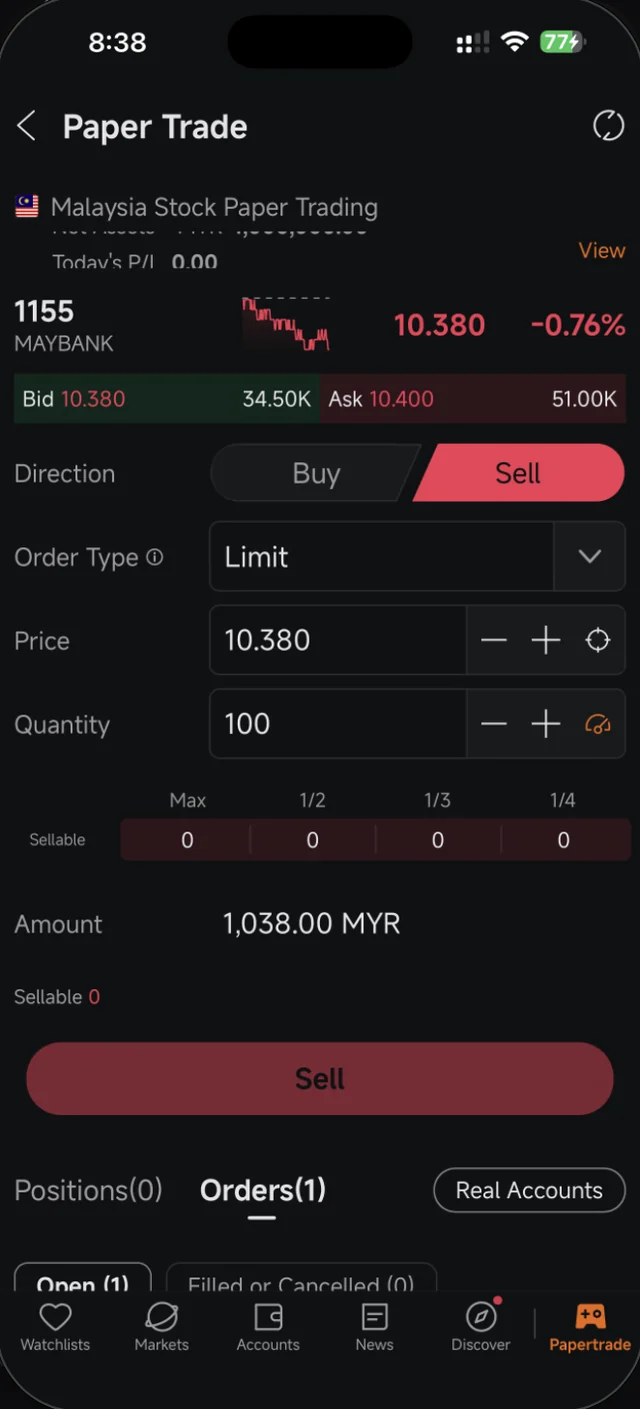 Skrin jual Moomoo dengan Direction ditukar kepada Sell dan baris Sellable