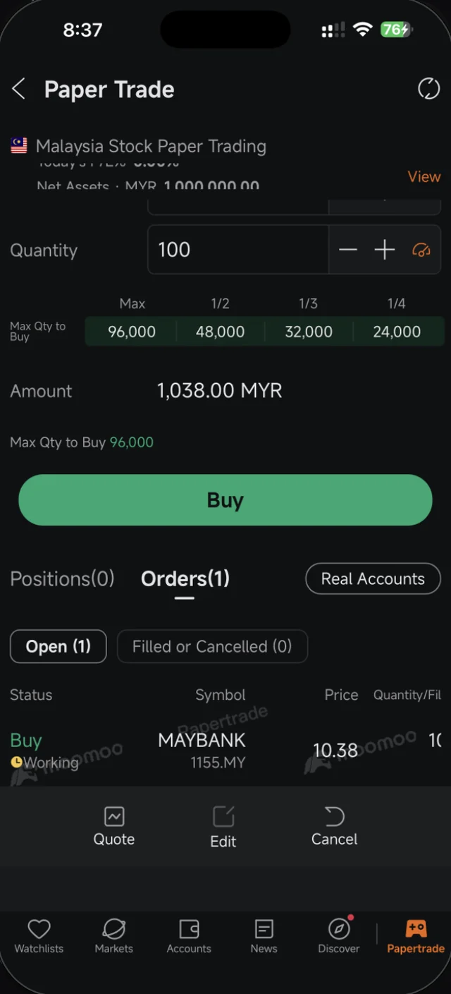 Senarai order dalam Moomoo dengan status Working dan butang Quote, Edit, Cancel