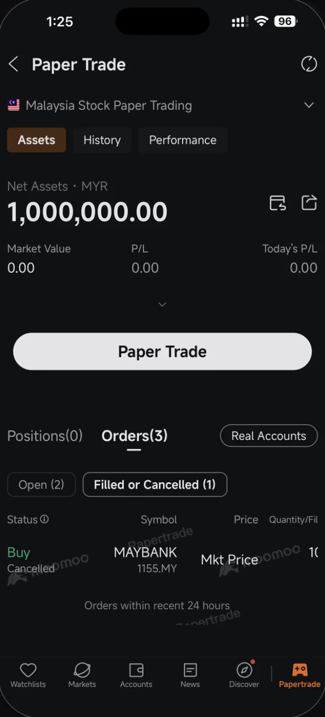 Senarai order Moomoo menunjukkan status Cancelled selepas order dibatalkan