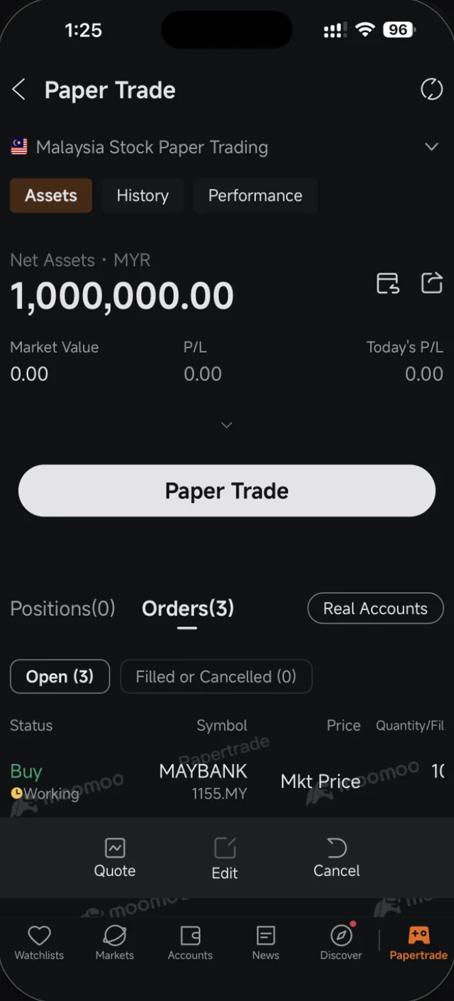 Baris order dalam Moomoo dengan butang Quote, Edit dan Cancel