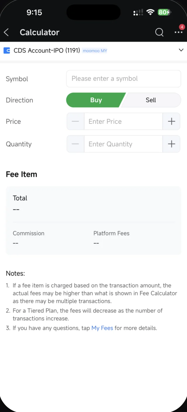Moomoo fee calculator before being filled in, with Direction, Symbol, Price and Quantity fields
