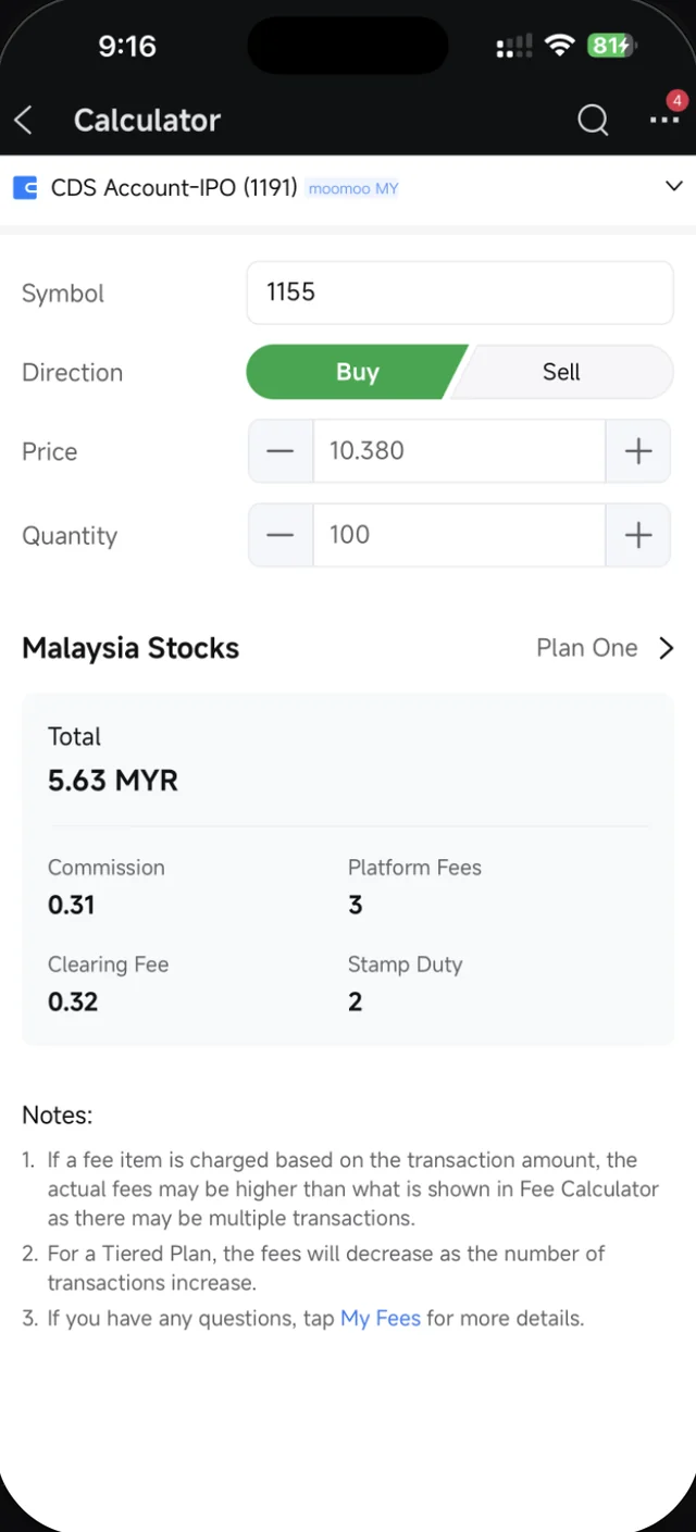 Kalkulator yuran Moomoo dengan pecahan setiap caj