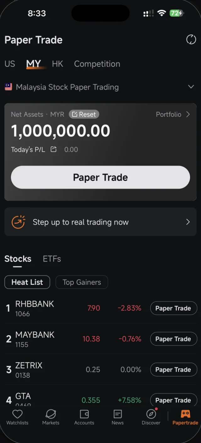 Senarai Heat List dalam Paper Trade dengan butang Paper Trade sebelah setiap saham