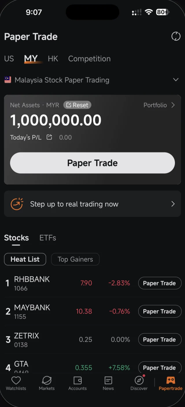 Skrin Paper Trade dalam Moomoo dengan RM1,000,000 duit mainan