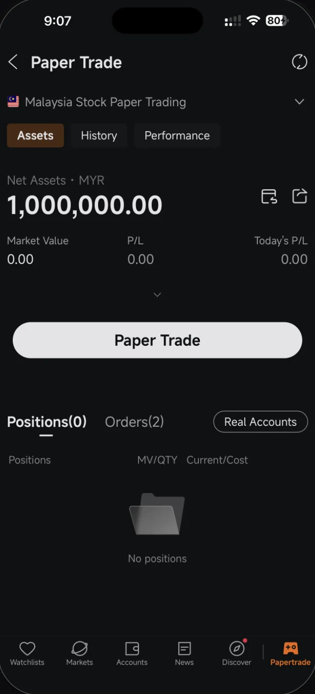 Portfolio Paper Trade dengan tab Assets, History dan Performance