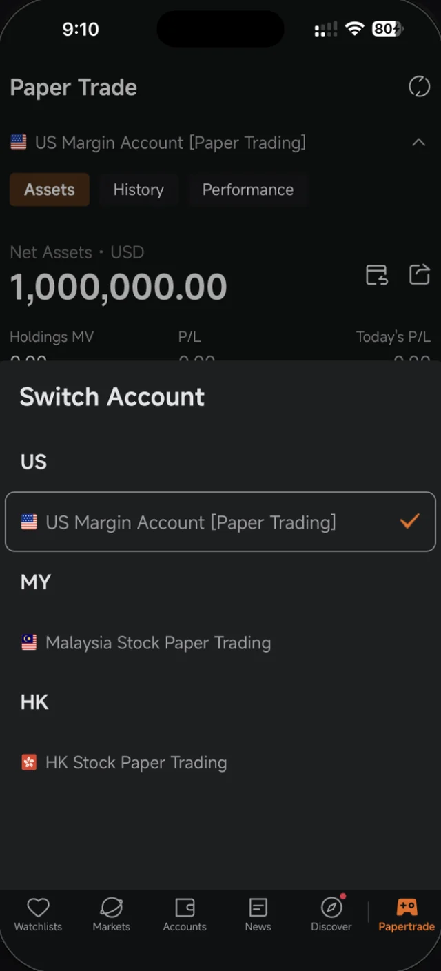 Menu Switch Account dalam Paper Trade Moomoo dengan pilihan US, MY dan HK