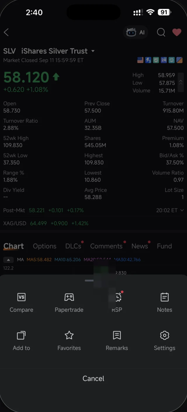 Menu pintasan pada halaman saham Moomoo dengan Compare, Papertrade, RSP dan Notes