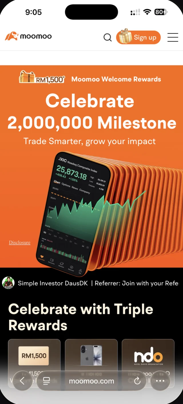Halaman kempen Moomoo dibuka melalui link rujukan, menunjukkan baris Referrer Simple Investor DausDK