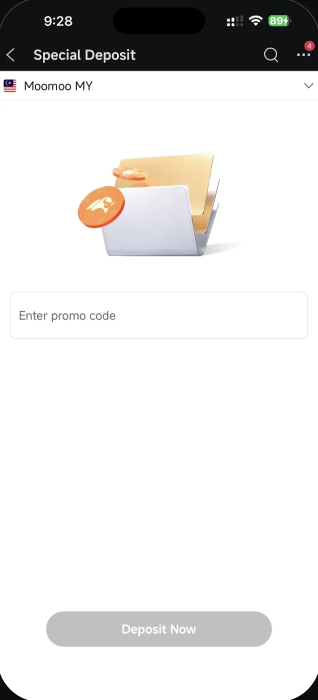 Skrin Special Deposit dalam Moomoo dengan kotak Enter promo code
