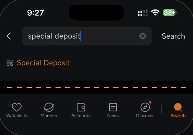 Carian special deposit dalam app Moomoo menunjukkan satu hasil, dengan tab Search di bar bawah