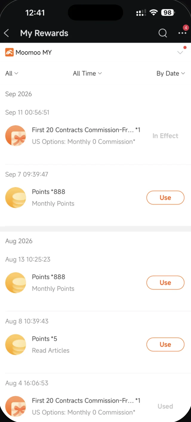 Halaman My Rewards dalam Moomoo dengan status In Effect, Use dan Used