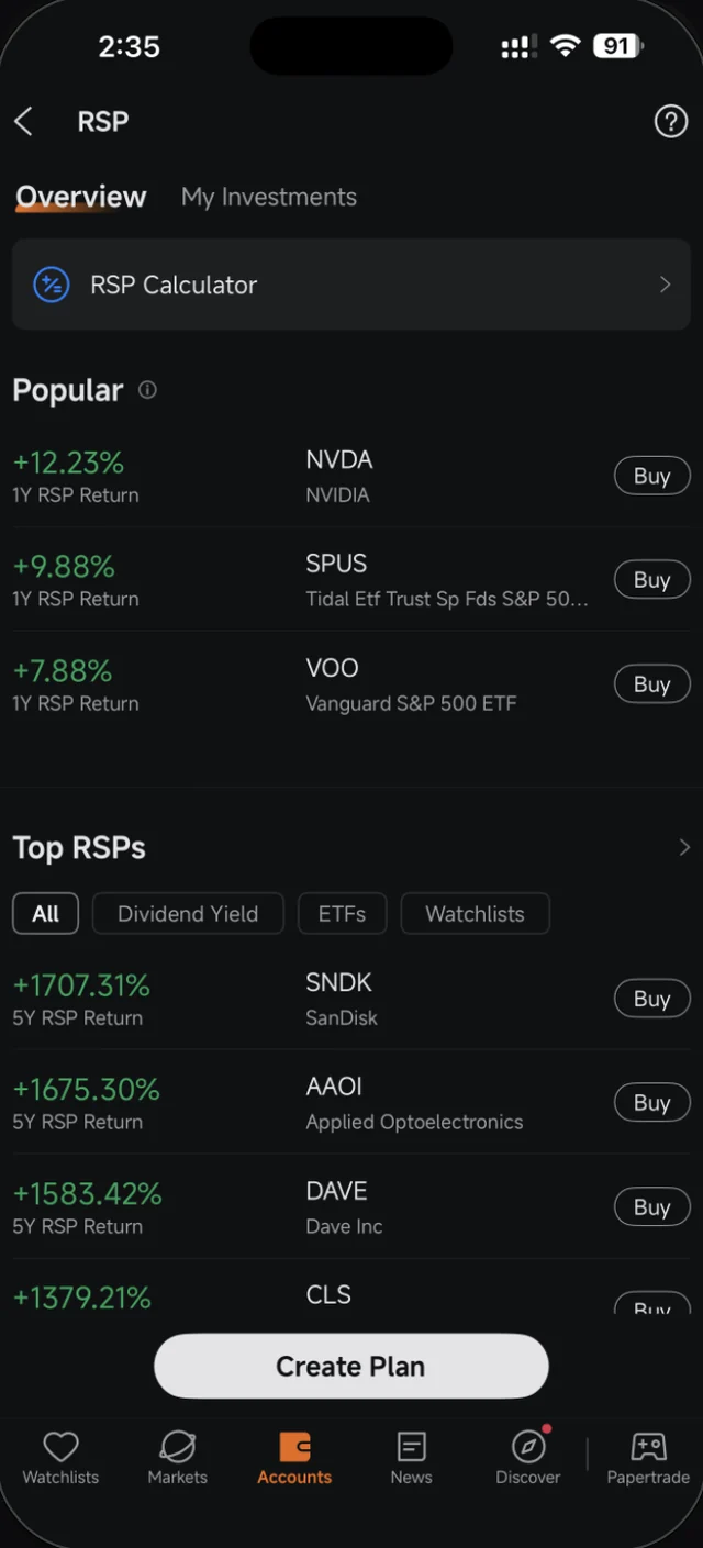 Halaman RSP dalam Moomoo dengan RSP Calculator, senarai Popular dan Top RSPs