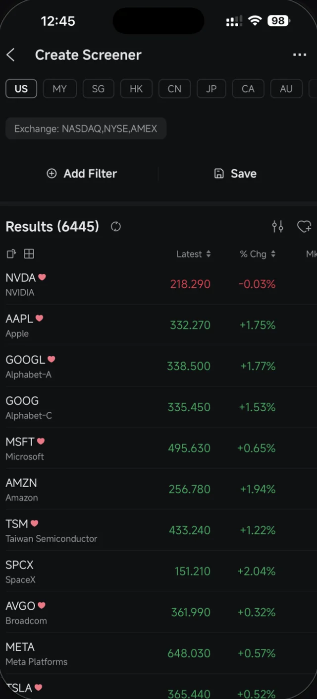 Skrin Create Screener dalam Moomoo menunjukkan 6445 hasil sebelum ditapis