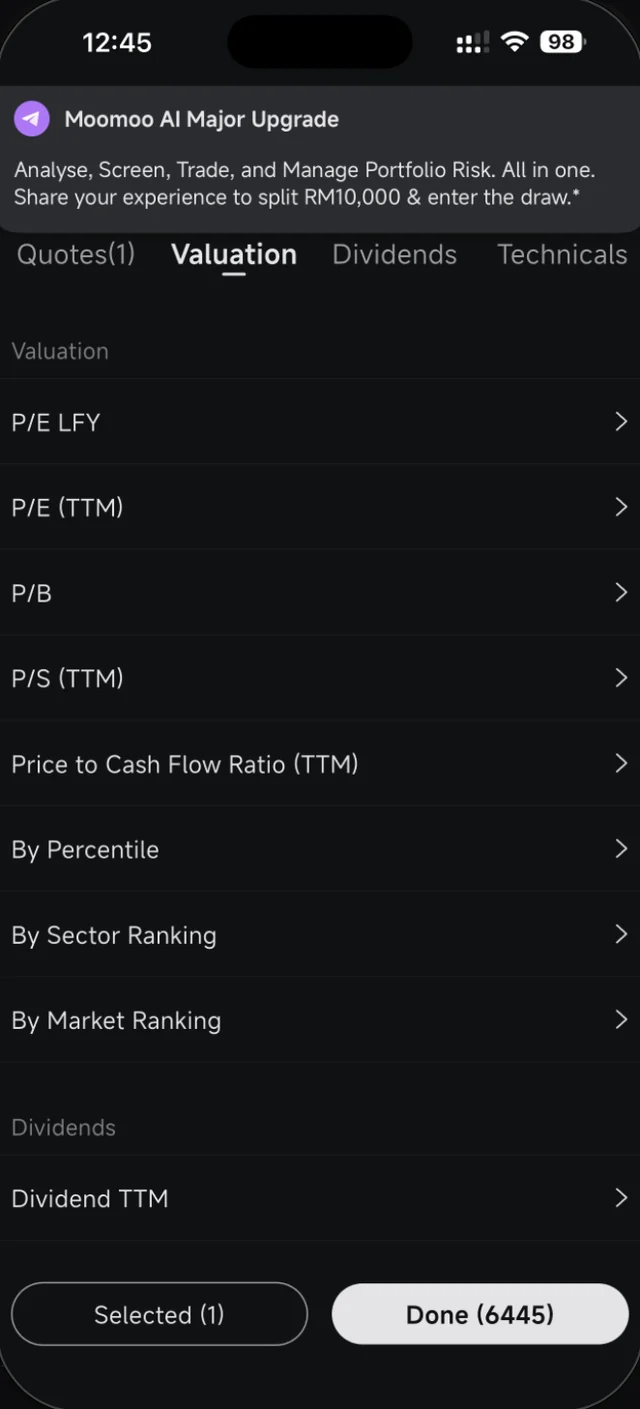 Kategori Valuation dalam screener Moomoo dengan P/E, P/B dan P/S