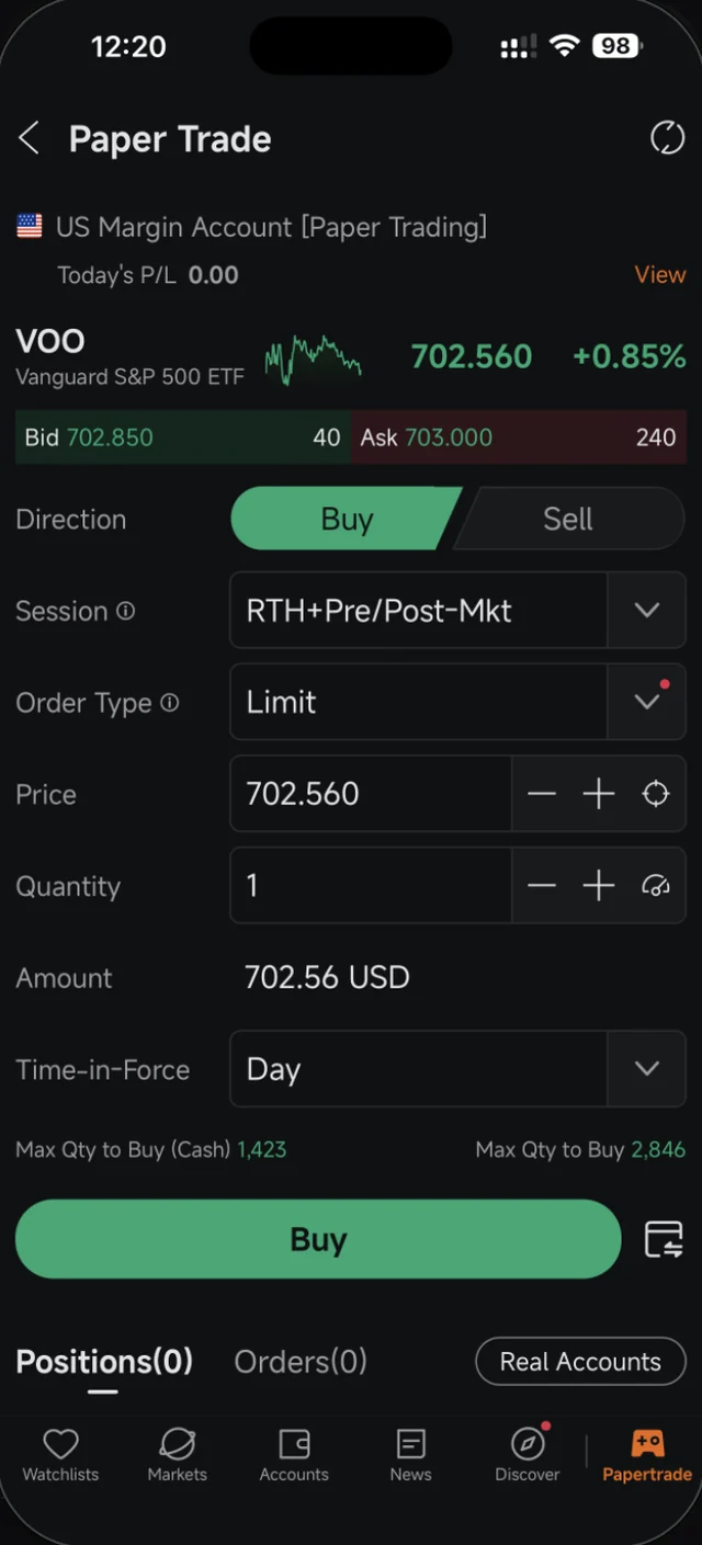 Skrin order VOO dalam Moomoo dengan medan Session, Order Type, Price, Quantity dan Time-in-Force