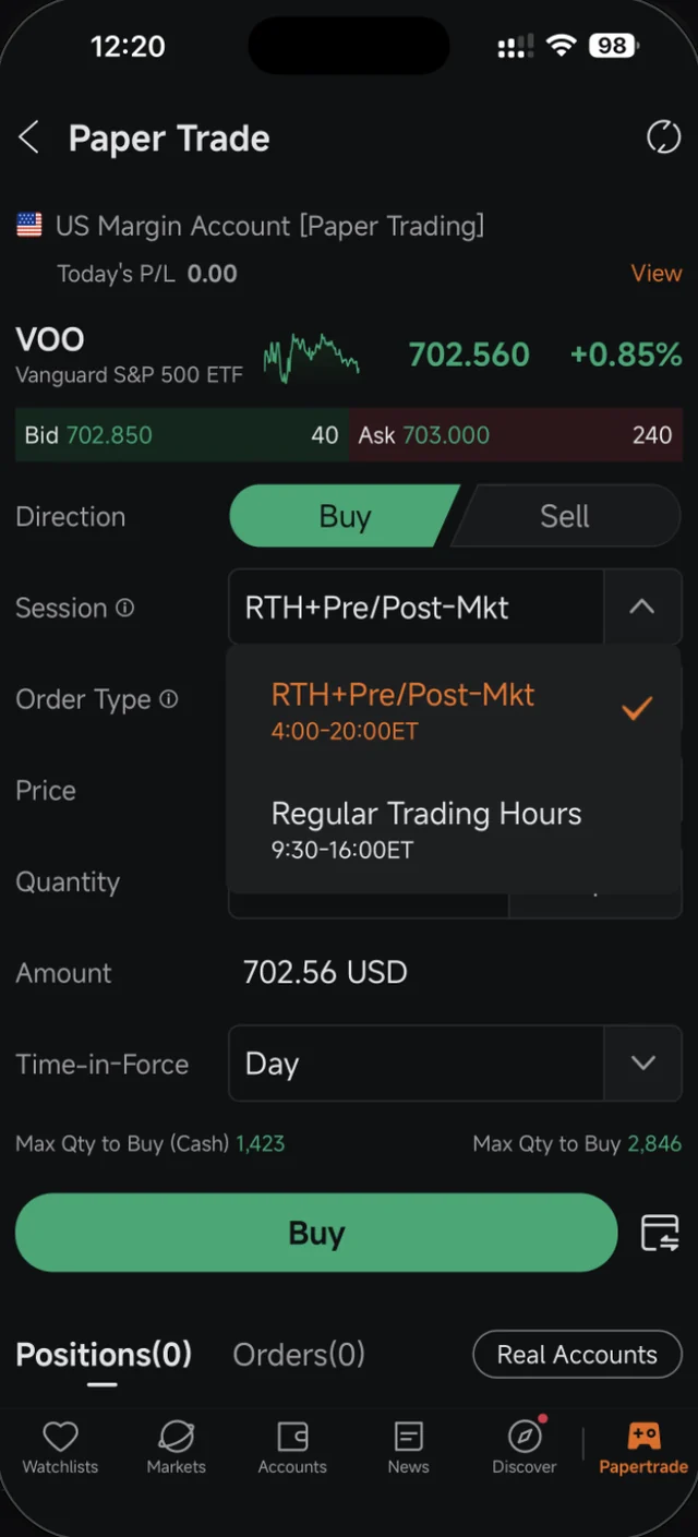 Pilihan Session dalam Moomoo: RTH+Pre/Post-Mkt dan Regular Trading Hours