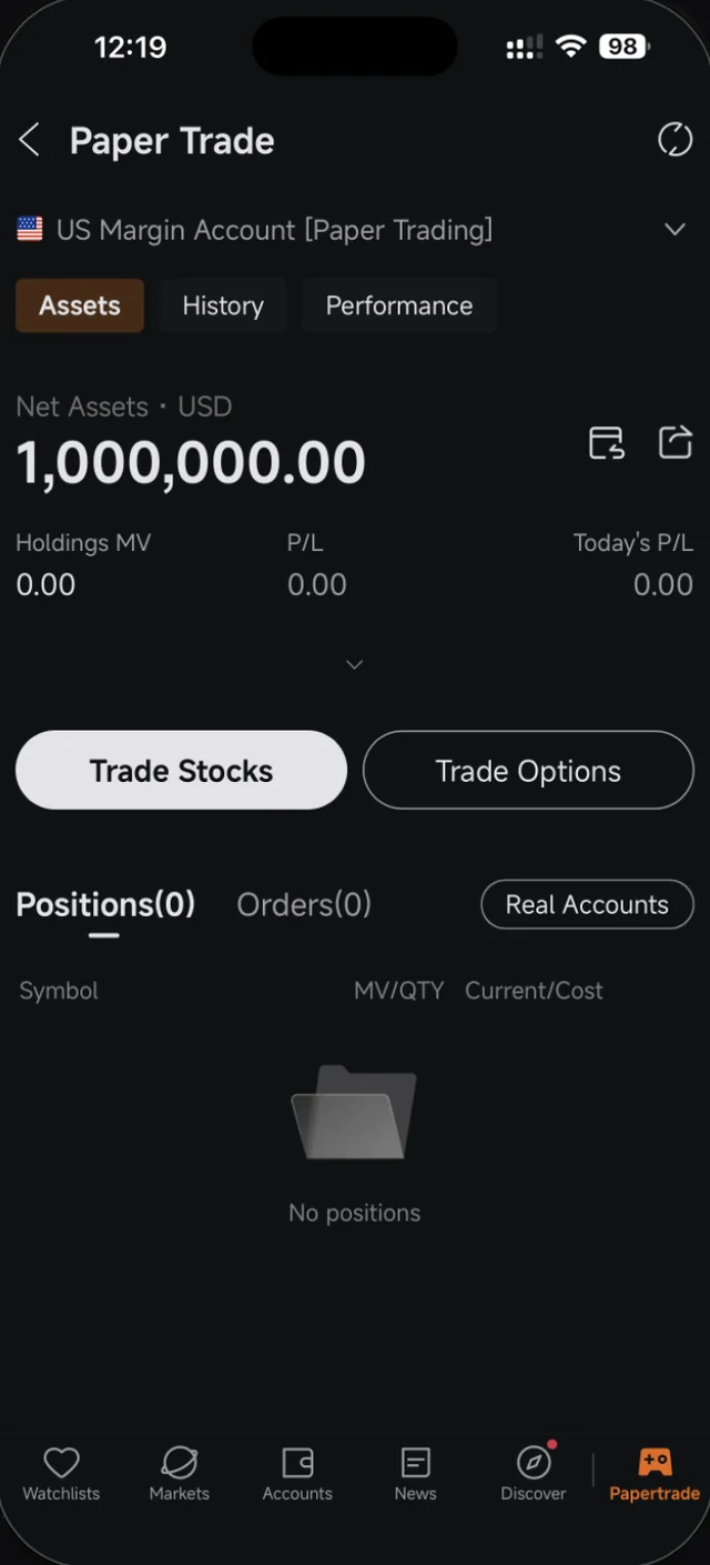 Akaun US Margin Account Paper Trading dalam Moomoo dengan USD satu juta duit mainan