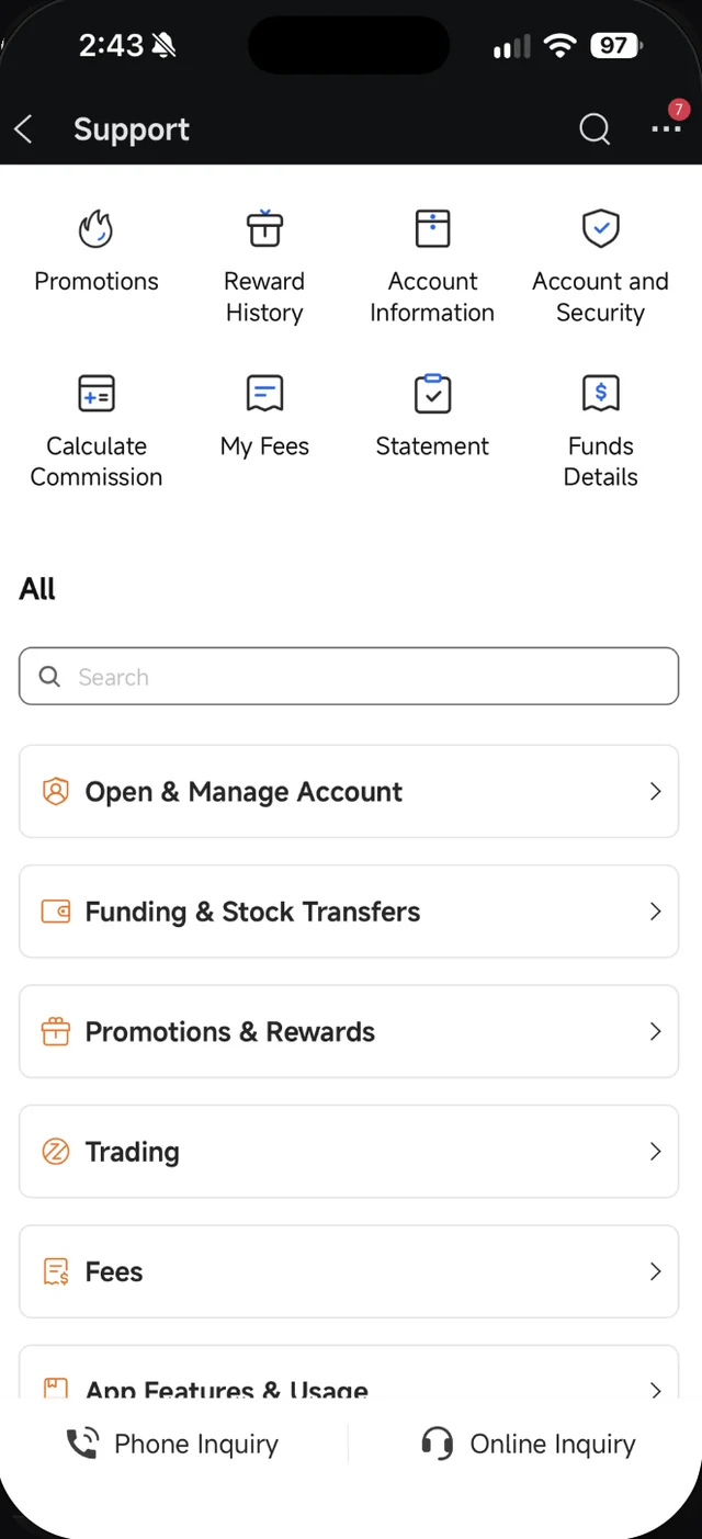 Skrin Support Moomoo dengan jalan pintas, kategori soalan lazim, dan butang Phone Inquiry serta Online Inquiry