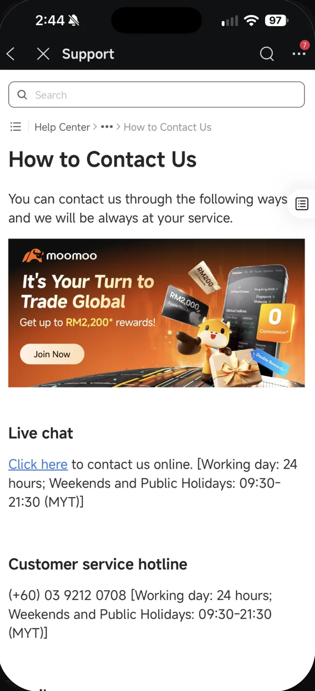 Artikel How to Contact Us dalam app Moomoo dengan live chat dan talian customer service