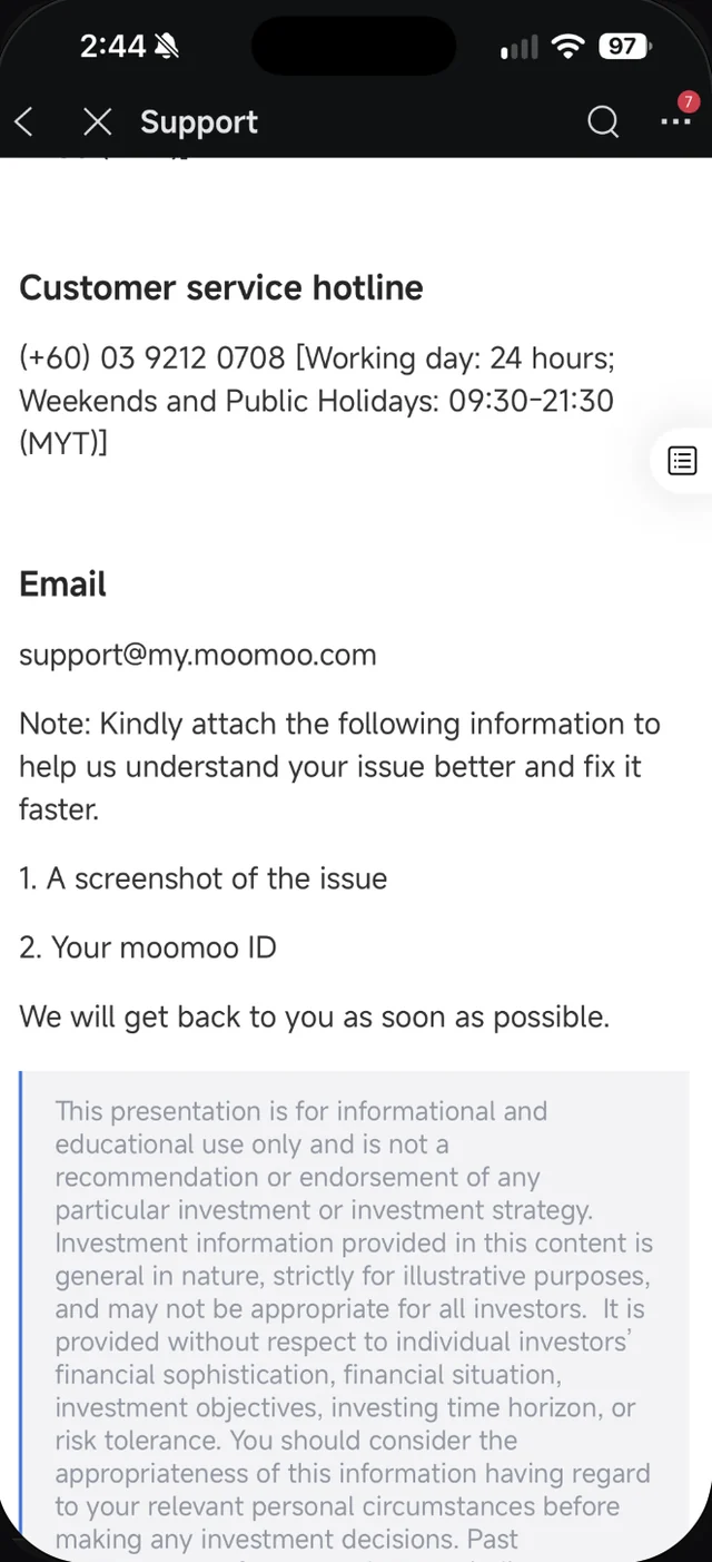 Bahagian Email dalam artikel How to Contact Us Moomoo dengan alamat support@my.moomoo.com