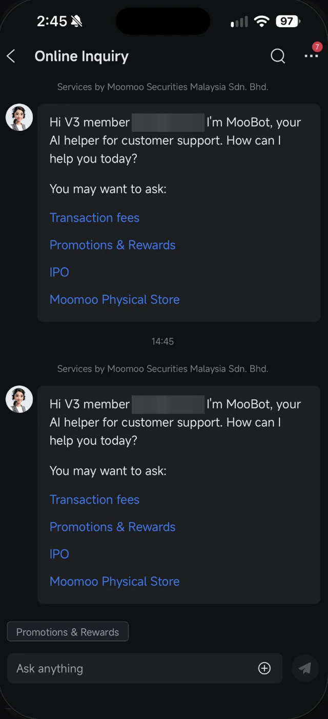 Skrin Online Inquiry Moomoo dengan sapaan MooBot, soalan cadangan dan kotak Ask anything