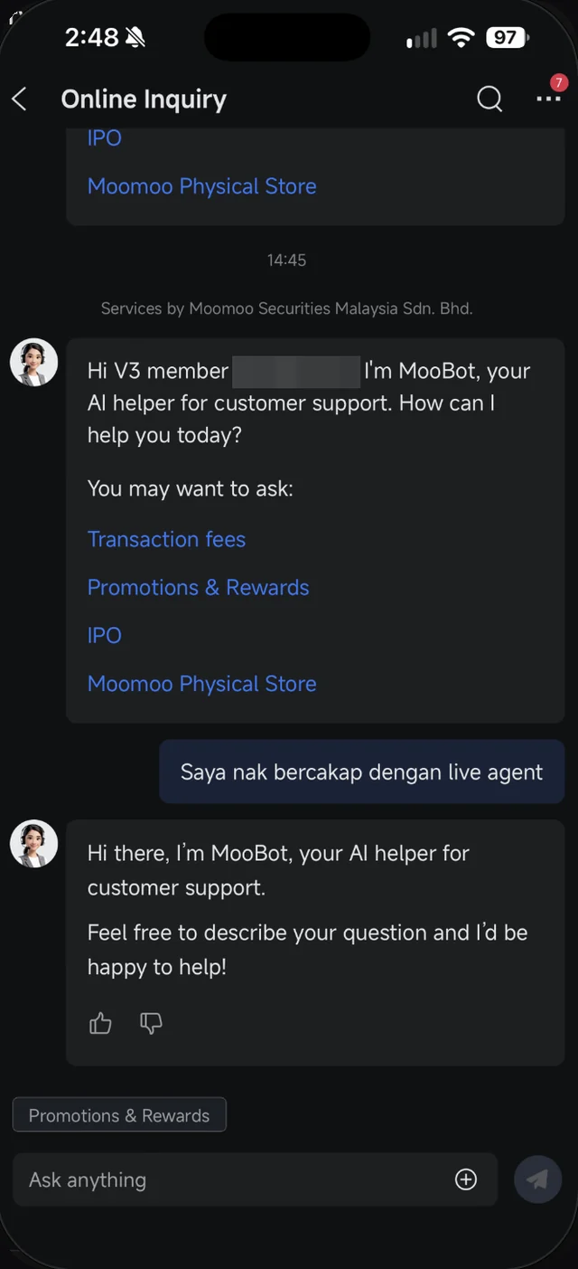 MooBot membalas mesej Saya nak bercakap dengan live agent dengan meminta pengguna menerangkan soalan