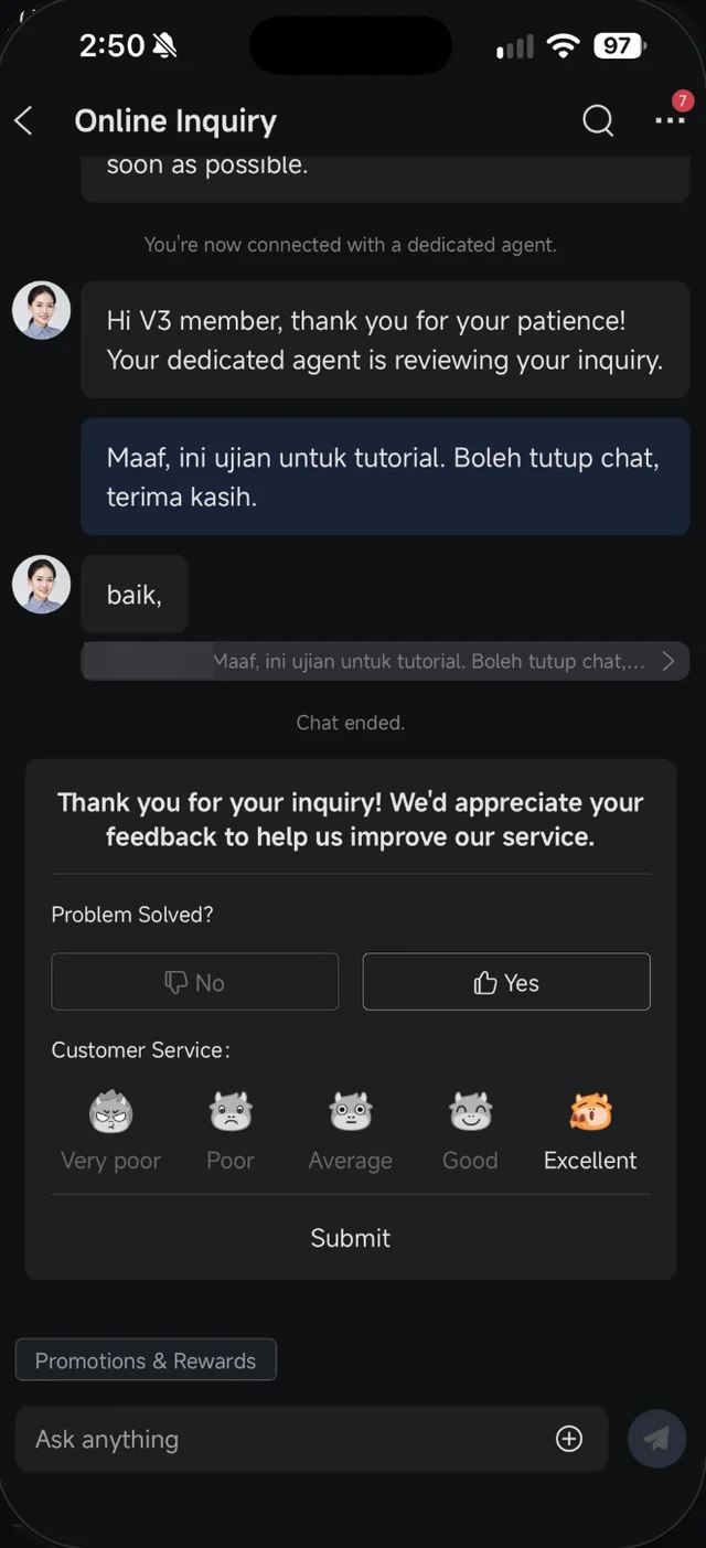 Chat Moomoo yang telah tamat dengan balasan staf dan borang maklum balas Problem Solved serta penilaian Customer Service