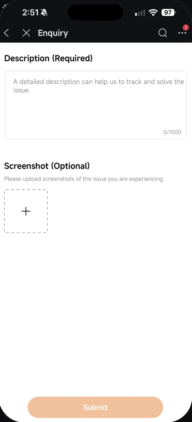 Borang Enquiry Moomoo dengan ruangan Description yang wajib dan Screenshot pilihan serta butang Submit