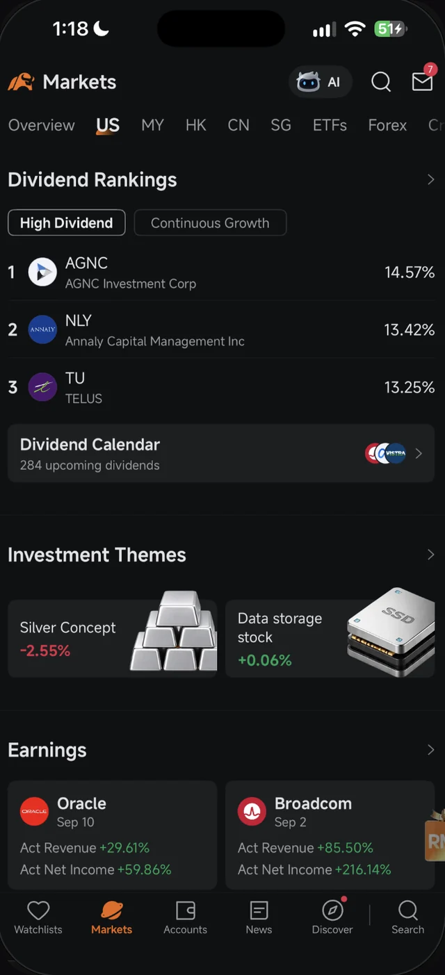 Bahagian Investment Themes dalam tab Markets US Moomoo dengan kad Silver Concept dan Data storage stock