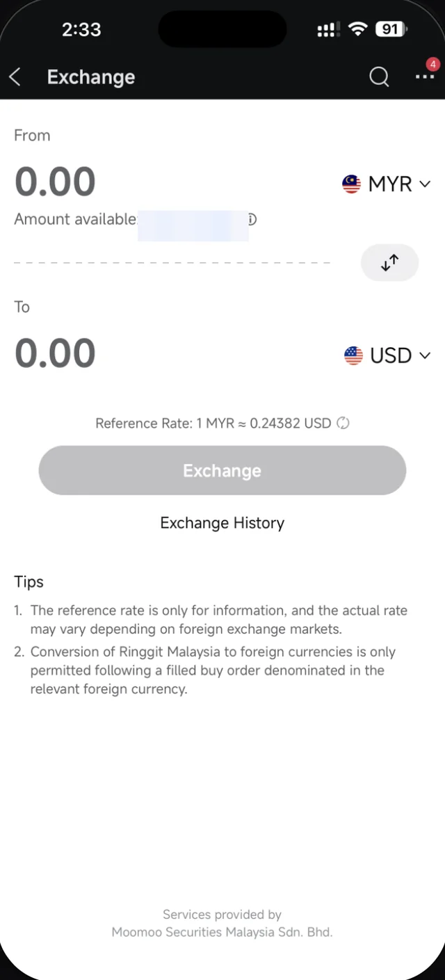 Skrin Exchange dalam Moomoo dengan From MYR, To USD dan Reference Rate