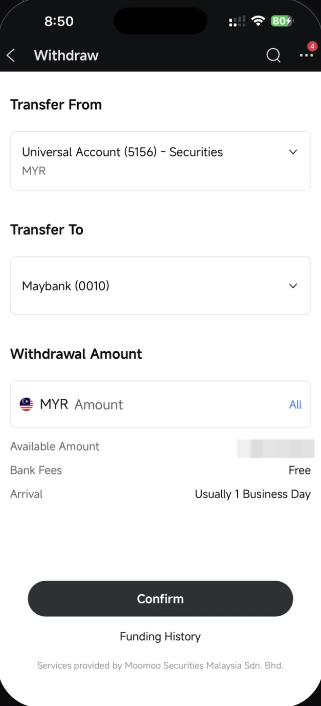 Skrin Withdraw Moomoo dengan Transfer From, Transfer To dan Withdrawal Amount