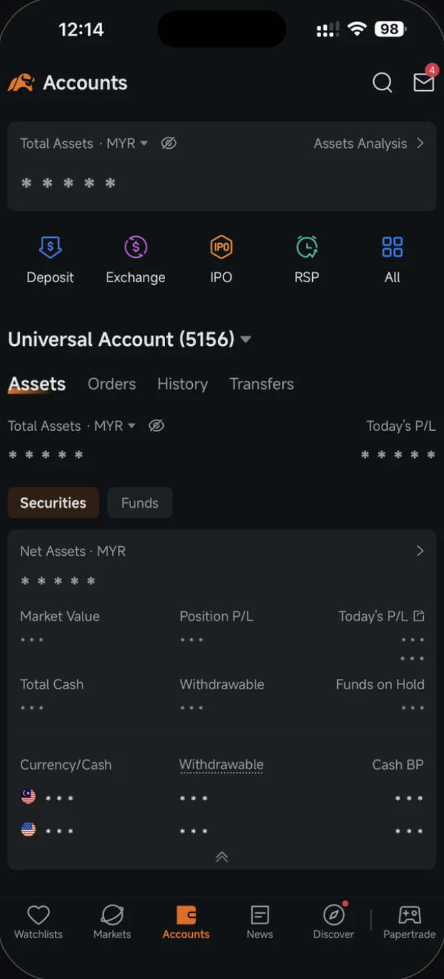 Tab Accounts dalam Moomoo menunjukkan Total Cash, Withdrawable dan Funds on Hold