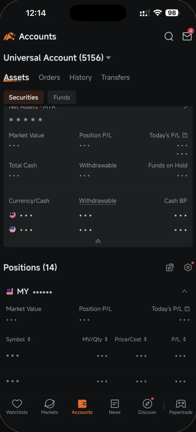 Tab Accounts Moomoo dengan bahagian Positions menunjukkan saham yang dipegang