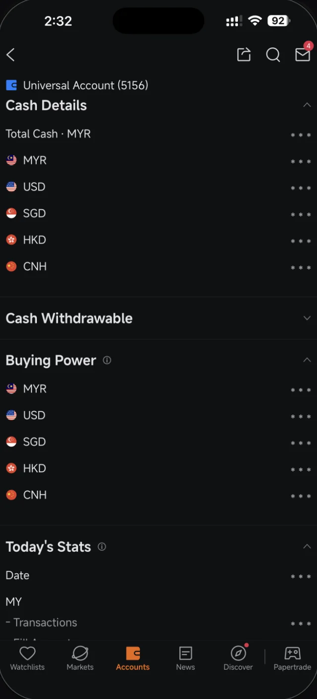 Cash Details dalam Moomoo dengan Total Cash dipecahkan ikut mata wang