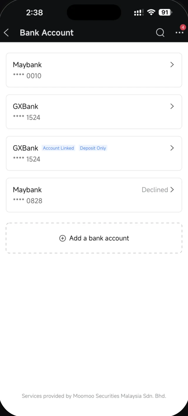 Halaman Bank Account dalam Moomoo dengan status Account Linked, Deposit Only dan Declined